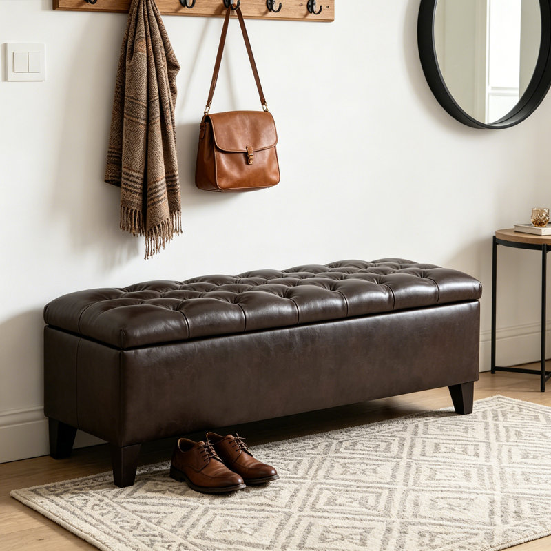 Banc de rangement rembourré en similicuir, Marron foncé