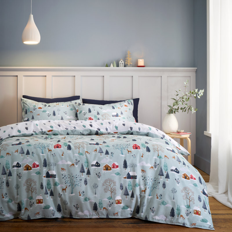 Brushed Cotton Winter Scene Reversible Duvet Cover Set, Super King Duvet Cover + 2 Standard Pillowcases
