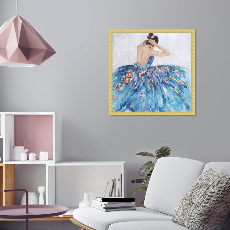 Bleu et festif - Peinture sur papier, Papier avec cadre doré, H 24 po x l 24 po