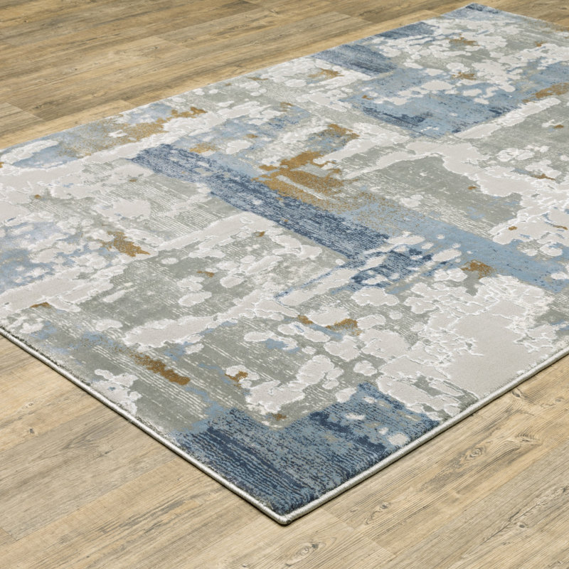 Tapis gris, bleu marine, ivoire et brun tissé à la machine 5 pi x 8 pi, Rectangle 5 pi x 8 pi