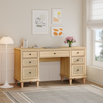 Boho Natural Rattan 58" Modern Executive Desk With Charging Station
