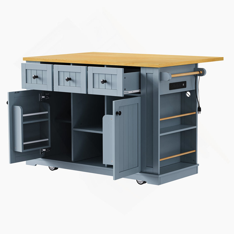 Grand îlot de cuisine de 53 pouces avec abattant, prise de courant, support de rangement interne pour porte, chariot de cuisine roulant sur 5 roues avec 5 supports latéraux ouverts pour la cuisine, gris-bleu (deux paquets) (tabourets non inclus)