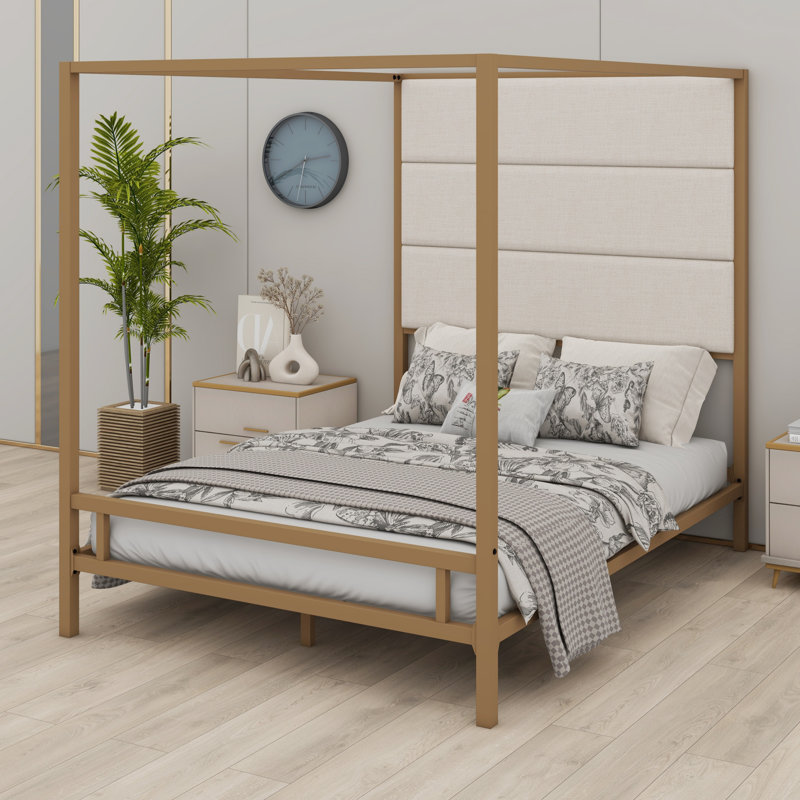 Canopy Platform Bed With Tall Linen Fabric Upholstered Headboard, Metal 4-Poster Canopy Bed Frame, Box Spring Needed, Queen