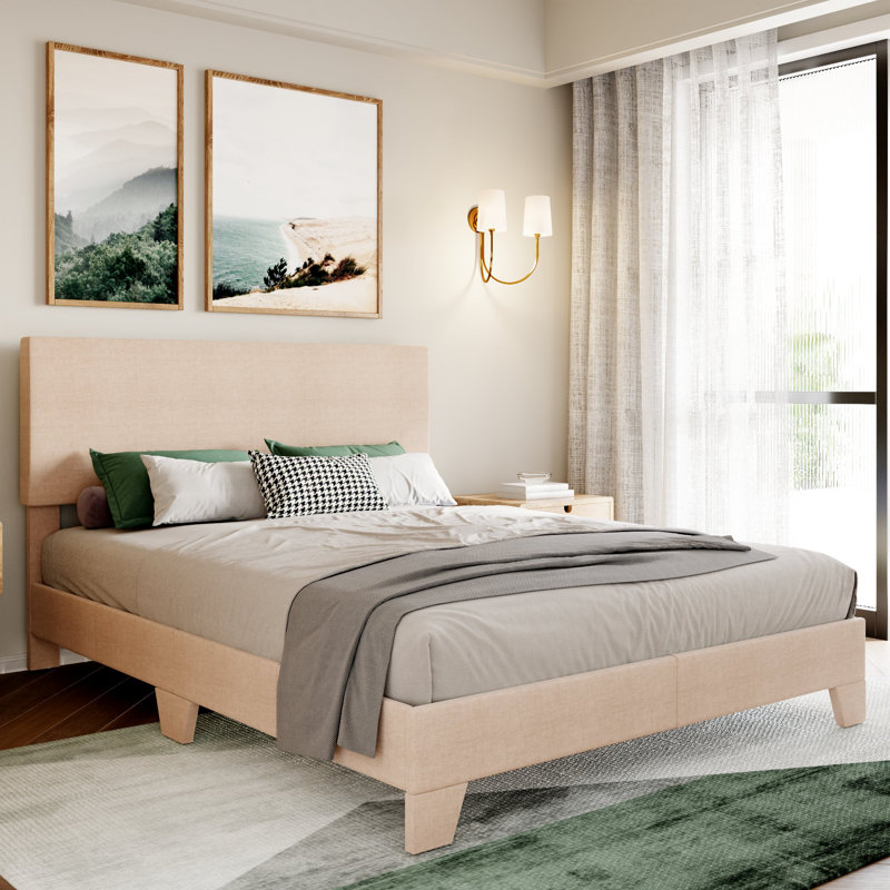 Lit plateforme simple tapissier Avel, Double, Lin beige