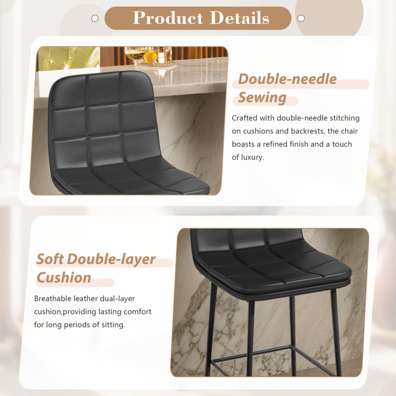 Modern PU Double Cushion Bar Stools With Metal Frames(Set of 8), Black