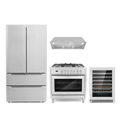 Cosmo 4 Piece Kitchen Appliance Package with French Door Refrigerator , 36'' Dual Fuel Freestanding Range , Insert Range Hood , Wine Refrigerator , an -  COS-4PKG-761