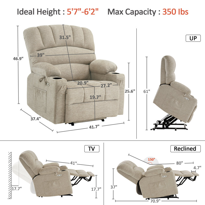 Maysoun 27.2'' Extra Wide Power Recliner Lift Chair with Massage and Heat for Big People, Fabric, Beige Fabric