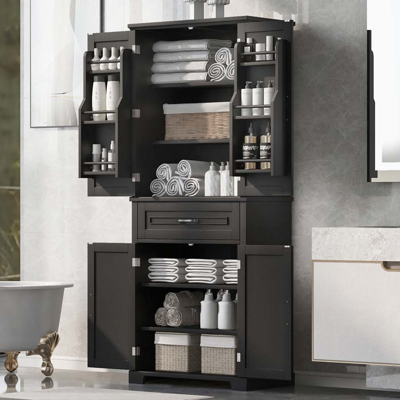 Freestanding Bathroom Storage Cabinet with Doors and Drawer, Multiple Storage Space, Adjustable Shelf, Black