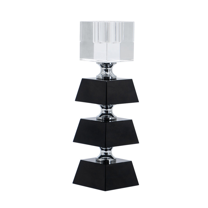 Black and Clear Glass 3-Tier Square Candle Holder - 2.5" x 2.5" x 8" - Black, Clear