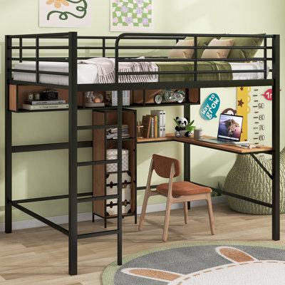 Lit mezzanine en métal et métal avec bureau en L et tablettes