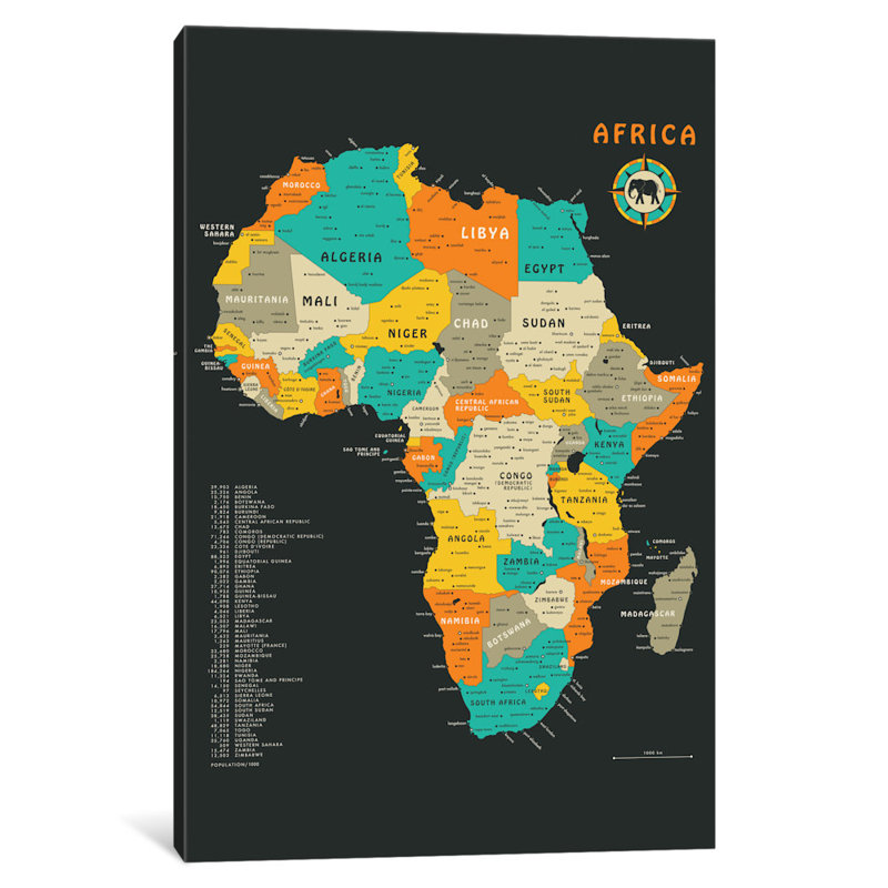 Carte de l'Afrique, impression sur toile tendue, H 18 po x l 12 po x P 1,5 po, Pas de tapis, Toile tendue