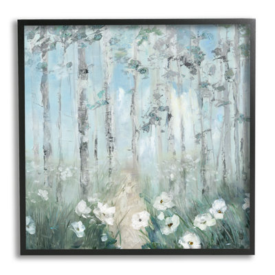 «White Flowers Blooming Forest Birch Trees Scenery», peinture sur bois à cadre flottant