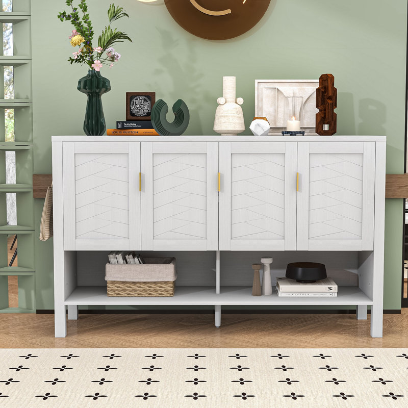 Storage Sideboard with 4-Door Design, Adjustable Shelves, Open Shelf and Dual-Sided Hooks, White