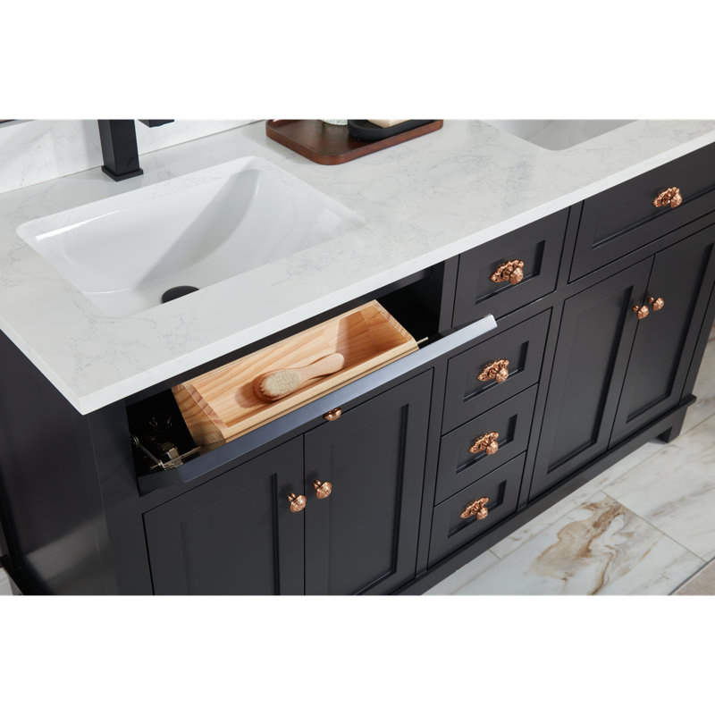 60" Finish Solid Wood Sink Vanity With 1' Artificial Stone Top, Tricorn Black, Rose Gold