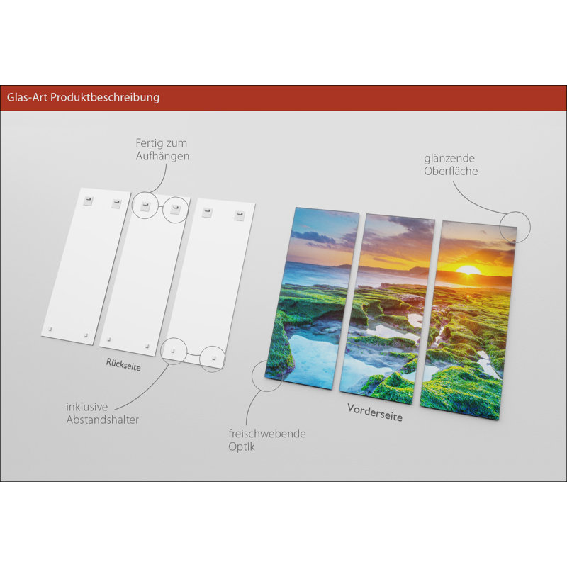 Green & Orange Horizon Wall Art on Glass, 80cm H x 90cm W, Decimus 3 Piece Glass Set
