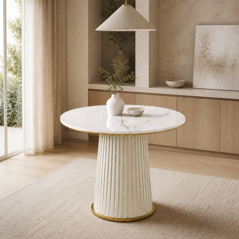  Table de salle à manger ronde en pierre frittée avec base piédestal plissée, 35,43 po
