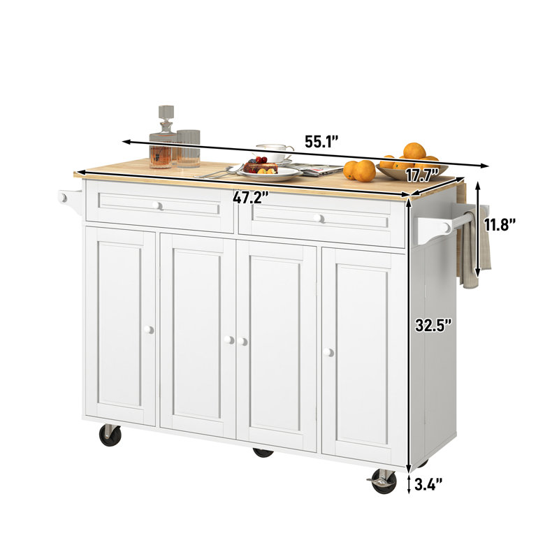 55" Rolling Mobile Kitchen Cart With Drop Leaf, Rubber Wood Top Kitchen Island Table On Wheels With Drawer And Storage Cabinet