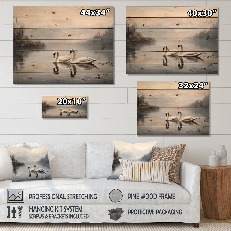 The Swans Odyssey - Swans Wood Art On Natural Pine Wood, 24" H x 32" W