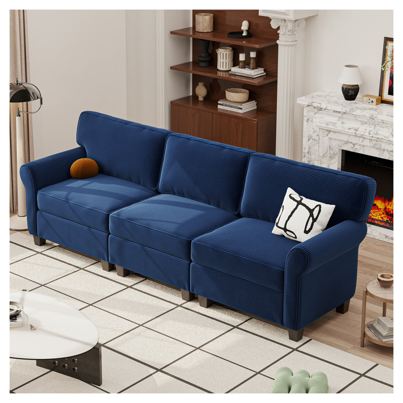 Canapé 94 po en velours côtelé 3 places avec sièges profonds et coussins amovibles 94 po, bleu