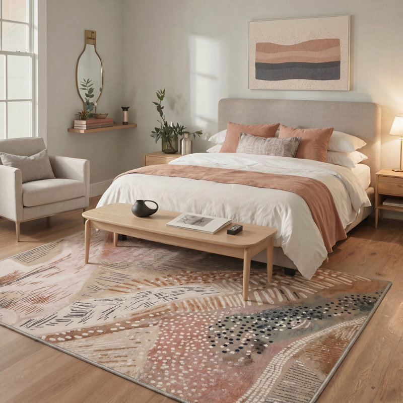 Tonicka Aura Abstract Machine Washable Beige Indoor Area Rug with Non-Slip Backing, Rectangle 9' x 12'