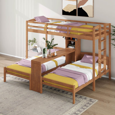 3-In-1 Triple Bunk Bed With LED Reading Lamp, Twin-Over-Twin And Twin Bunk Design With A Desk And Storage Shelves