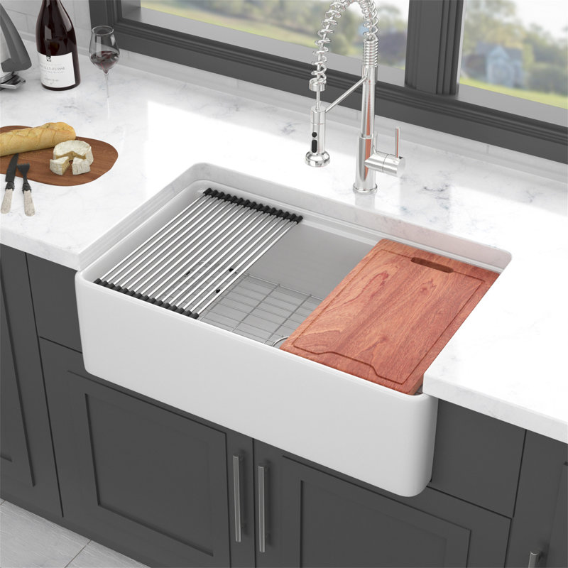 33X20 Inch White Farmhouse Sink Workstation - Ceramic Single Bowl Farm Kitchen Sink