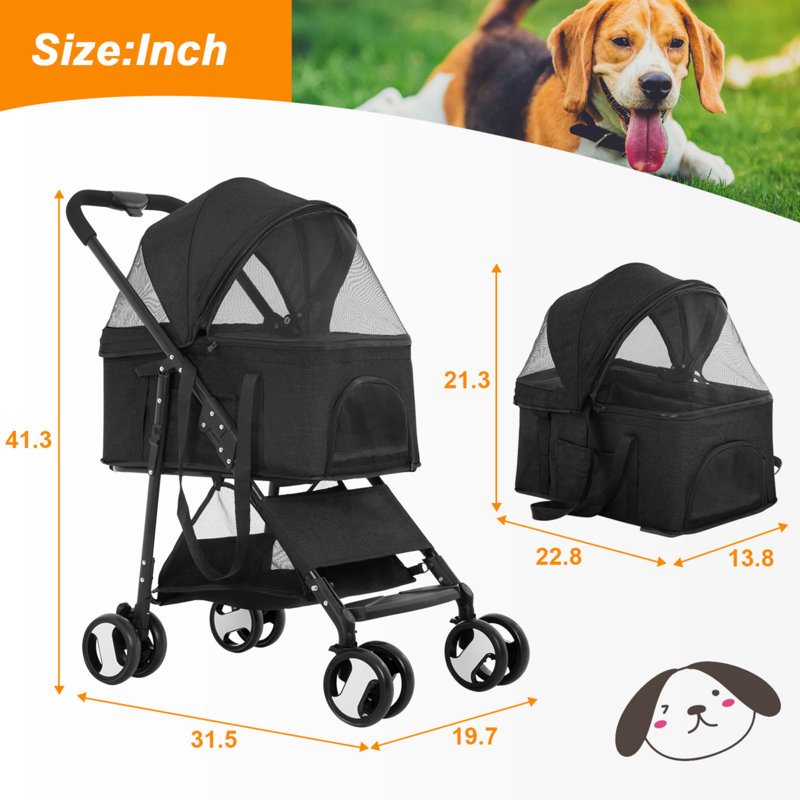 Black Foldable Stainless Steel Pet Stroller with Detachable Carrier