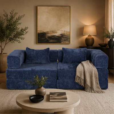 Compression Sofa,Convertible Floor Sofa Bed with Fixed-Shape Frame, Loveseats Boneless Modular Sectional Sofa,No Assembly Required,Chenille fabric,for Living Room Bedroom,Dark Blue