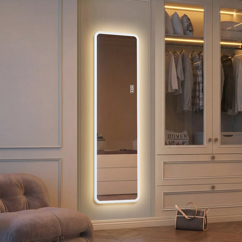 Miroir pleine longueur à DEL sans cadre de 60 po x 16 po avec éclairage à intensité variable 3 couleurs et verre incassable