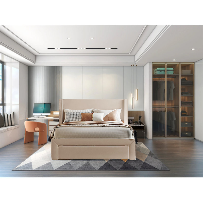 Lit plateforme tapissier avec rangement Ixchell, Beige, Grand