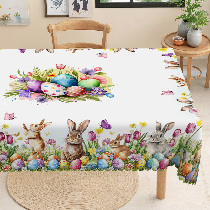 Easter Tablecloth Dreamy Eggs and Tulips Design Rectangular Washable Table Cover Perfect for Indoor Dining and Family Party Decorations