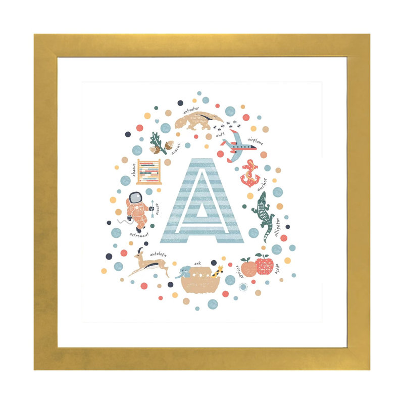 Lettre illustrée A bleue - impression, Blanc, H 16 po x l 16 po x p 1 po, Papier encadré doré