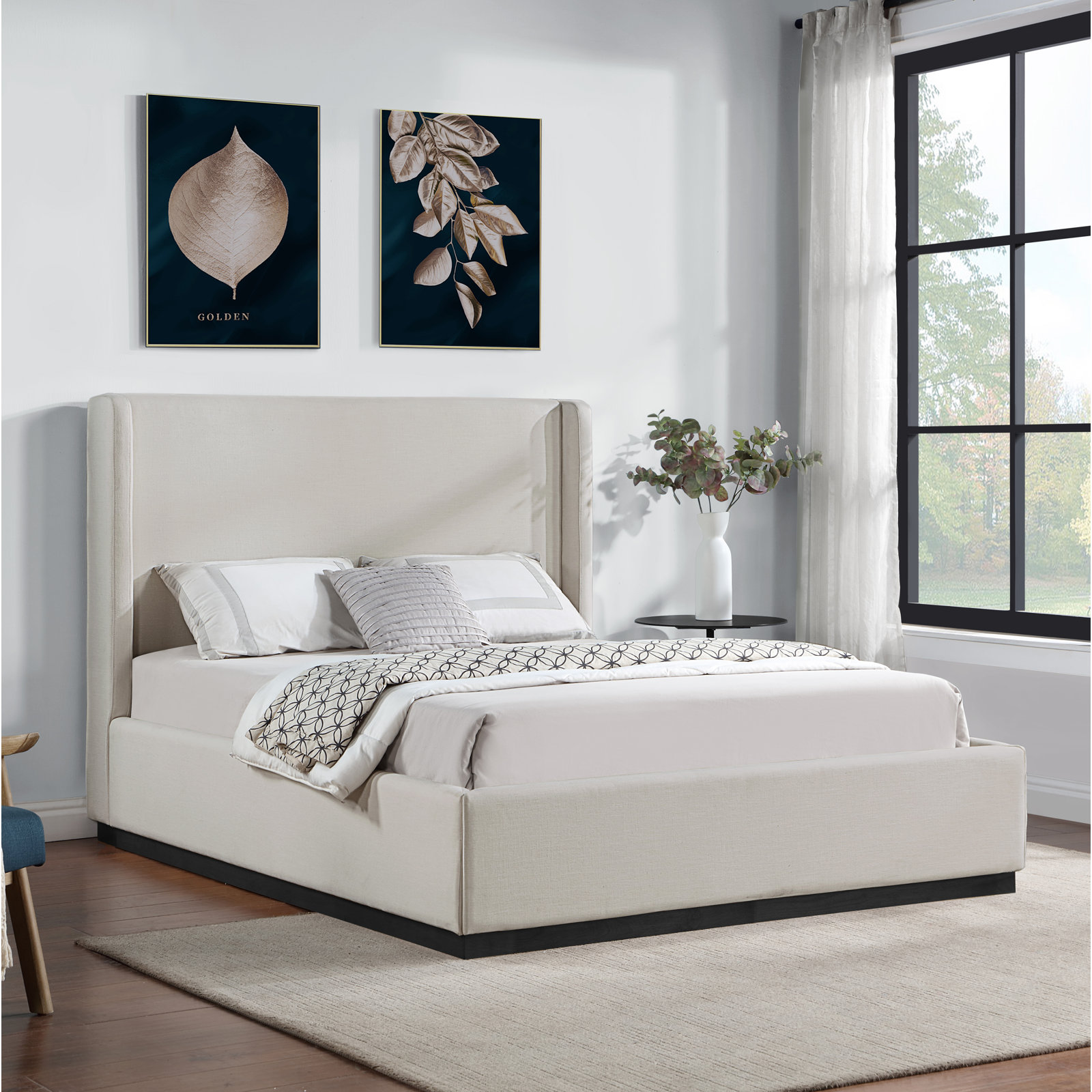 Upholstered Panel Bed, King, Beige Linen Textured Fabric