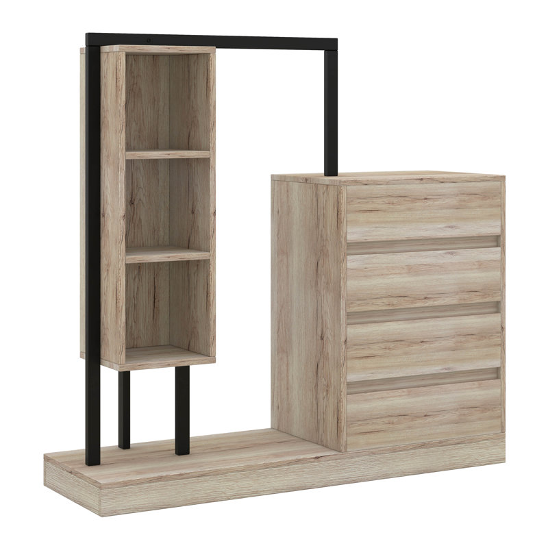 Armoire moderne avec 4 tiroirs, 3 tablettes et tringle à vêtements, Clair naturel