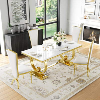 Modern Glass Dining Set, 70" Rectangular Tempered Glass With U-Shaped Stainless Steel Base, High-Back PU Leather Chairs With Stainless Steel Gourd Legs (7-Piece Set)