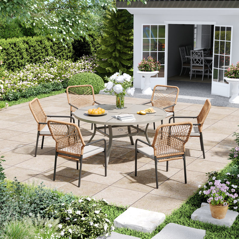 6-Person Outdoor Dining Set With Stackable Rattan Chairs, Cream