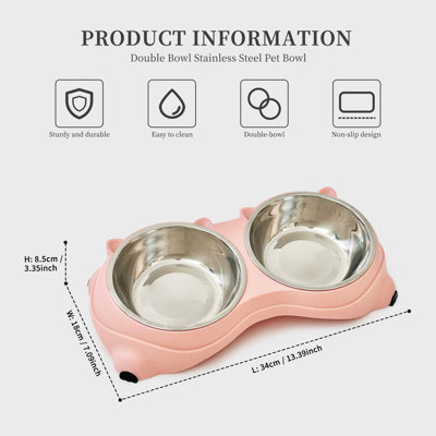 Pink Double Stainless Steel Pet Bowl Feeder,Non-Slip Base Cat & Dog Food and Water Bowl Set,Detachable Design,Easy to Clean Feeding Dish for Kittens and Small Pets