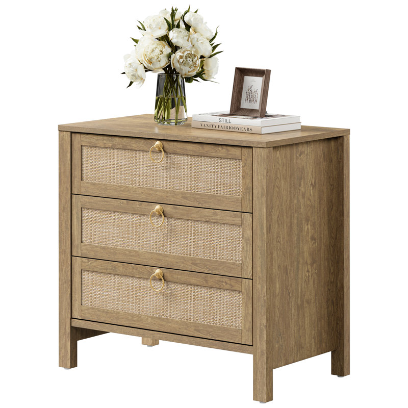 Pomodoro Boho-Inspired Rattan Nightstand With 3-Drawer, Cherry