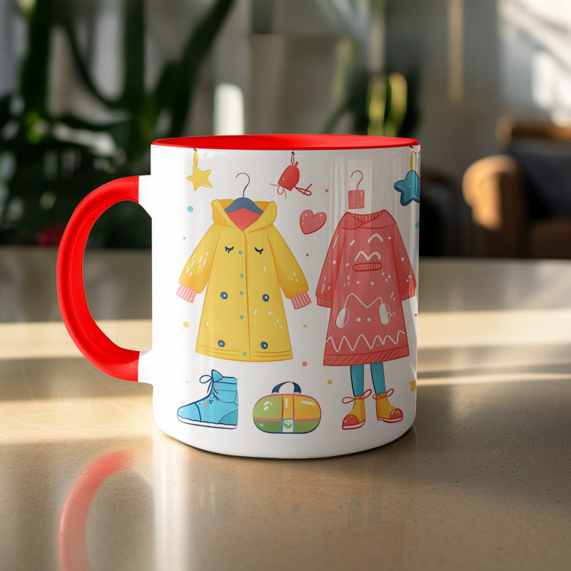 Kids Drawing Style 11oz Accent Mugs – Ceramic Coffee Cup with a Red Handle and Interior