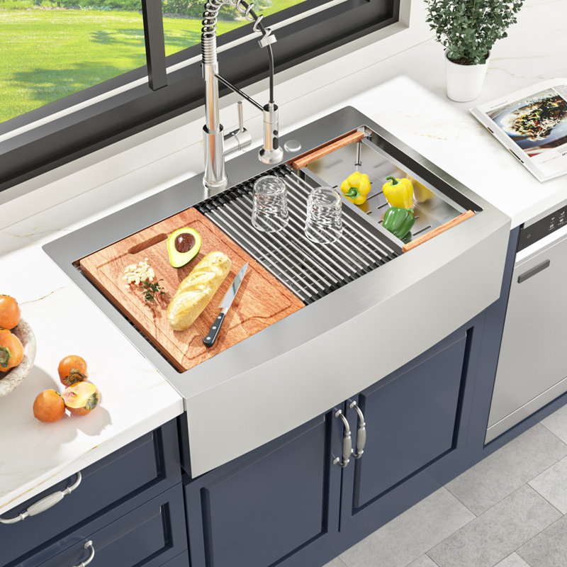 Farmhouse/Apron Kitchen Sink Single Bowl 16 Guage Stainless Steel Workstation Sink, 10" H x 33" L x 22" W 