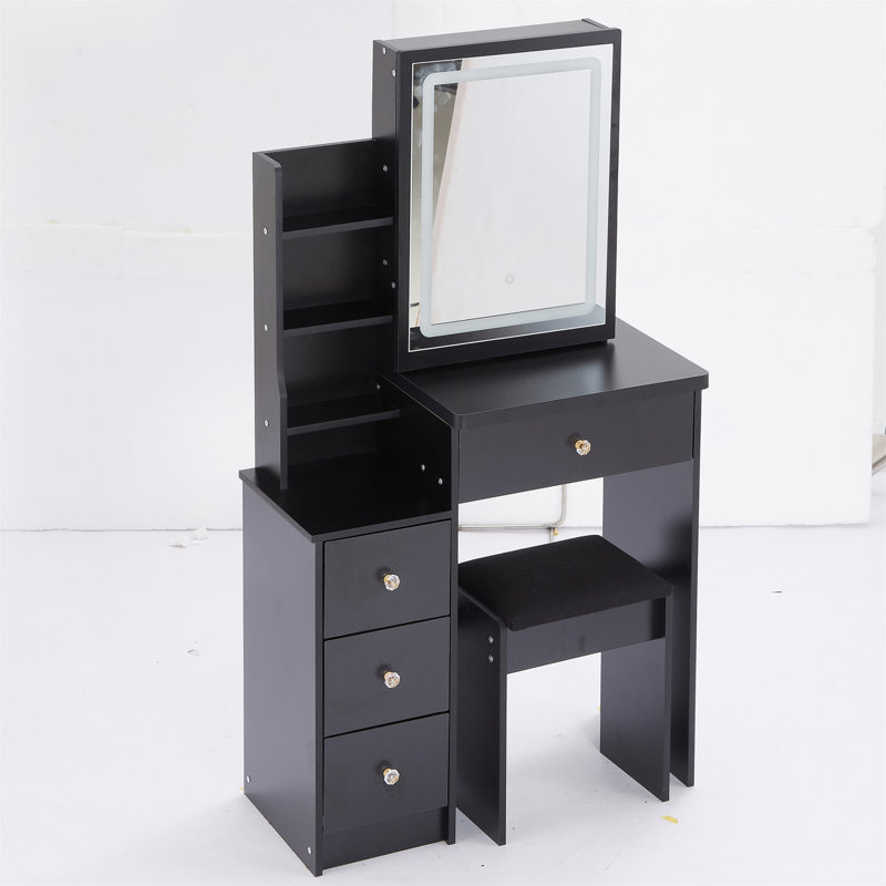 Petite coiffeuse de 29,2 po avec tabouret de chevet gauche + grand tabouret rembourré, commande tactile, interrupteur tricolore, miroir à luminosité réglable, rangement à grande capacité, convient aux petits espaces