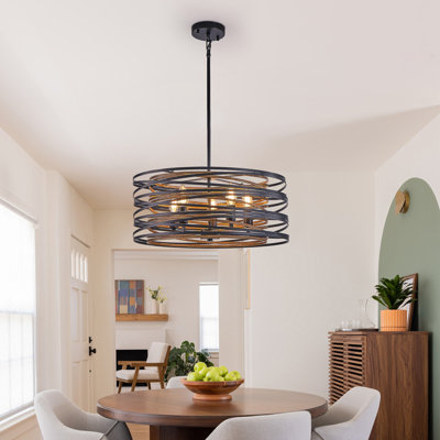 Luminaire suspendu industriel 20 po à 5 lumières en métal noir et noyer avec accents en bois pour îlot de cuisine et salle à manger