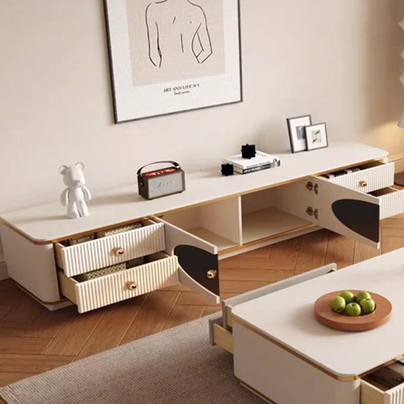 Meuble télé moderne de style crème, H 13,77 po x L 86,61 po x l 15,74 po