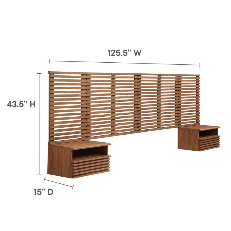 Render Wall Mount King Headboard and Modern Nightstands by Modway, Walnut