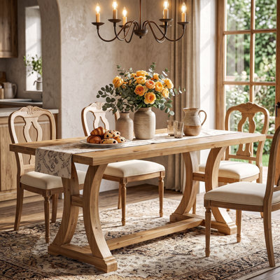 63" Solid Wood Dining Table, Rustic Farmhouse Kitchen Table with Curved Trestle Base, Rectangular Dinner Table Seats 4-6 for Dining Room