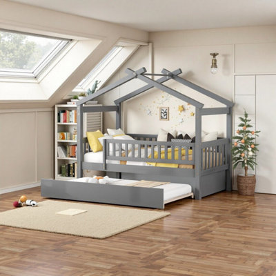 Lit simple en bois avec lit gigogne AVELOR - Rangement spacieux et fabrication en pin massif