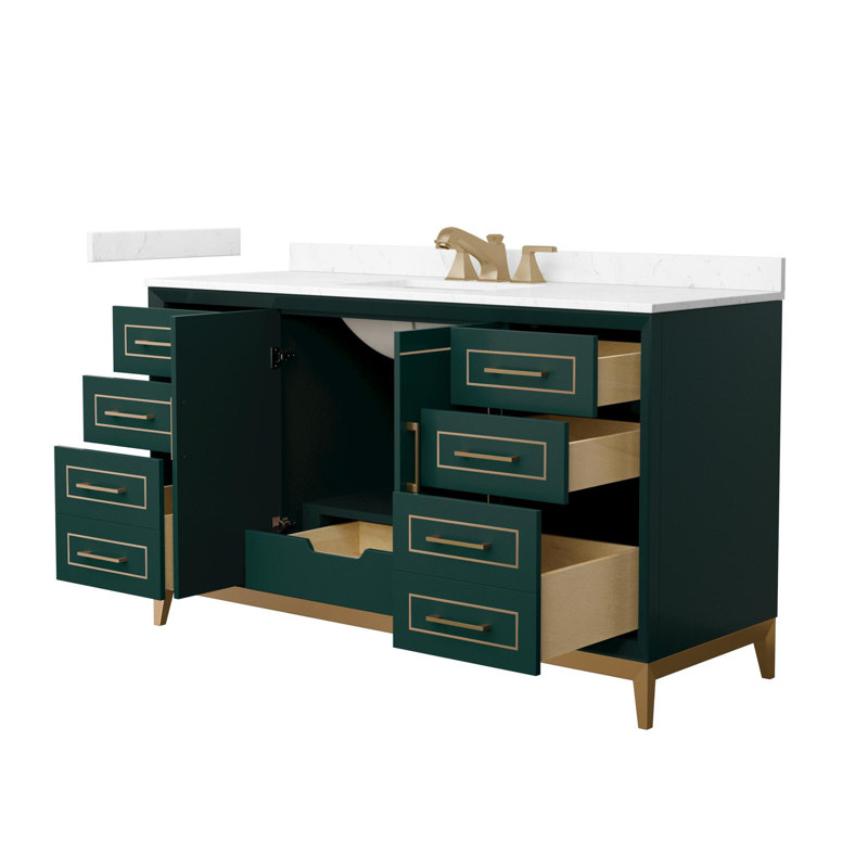 Marlena 42" Freestanding Single Bathroom Vanity with Cultured Marble Top, Green, Satin Bronze, 42"