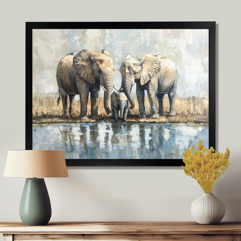 «Gumbs Elephant Family At The Watering Hole II», art mural éléphant, Reproduction encadrée d'une seule photo, Noir