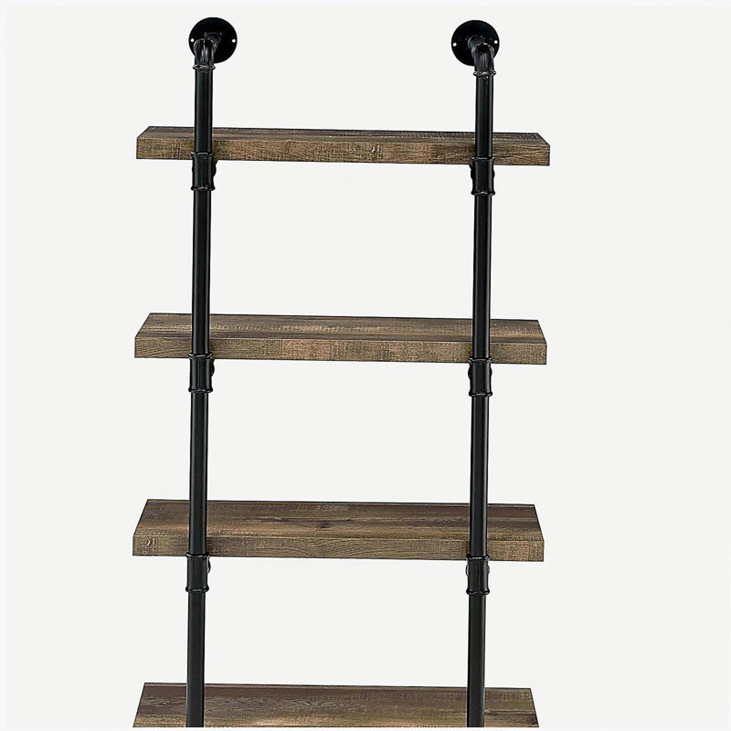 Black and vintage oak four-tier wall-mounted shelf