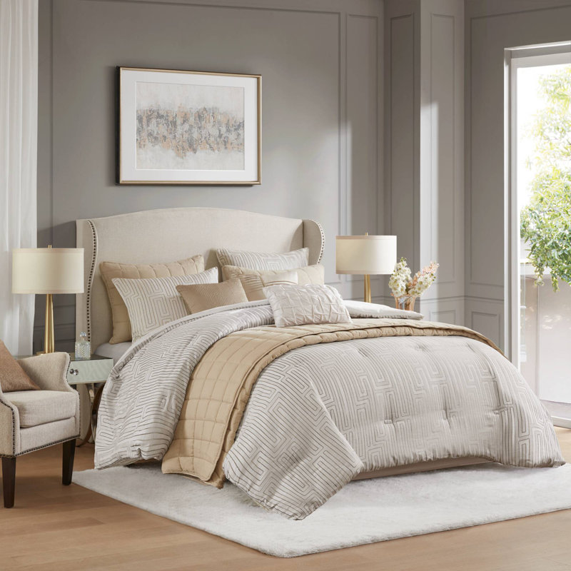 Ensemble d'édredon 10 pièces Royce Luxury Jacquard, Édredon grand et 9 pièces supplémentaires, Ivoire ivoire